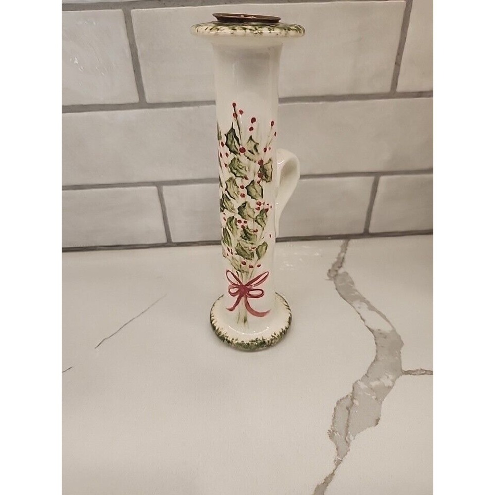 7.5 Inch Tall Ceramic Christmas‎ Holly Leaves Red Bow Handled Taper Candle Stick